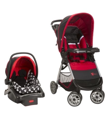 Disney Baby Amble Quad Travel System - Mickey Silhouette - 45 degree angle view of infant car seat and stroller